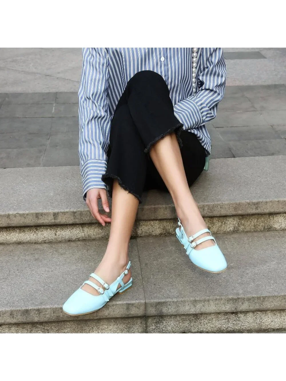 Women's Sky Blue Faux Leather Closed Square Toe Strap Slingback Low Heels Pumps